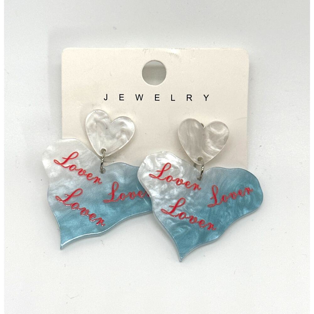 Double Heart Lover Earrings Silver Tone Backs Romantic Dangle Statement Swiftie